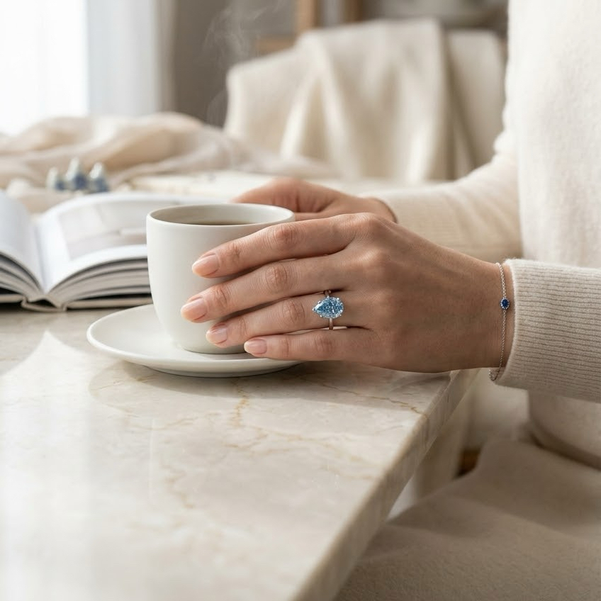 Bloom—Aura Ring | Solitaire Blue Pear Diamond with Hidden Halo