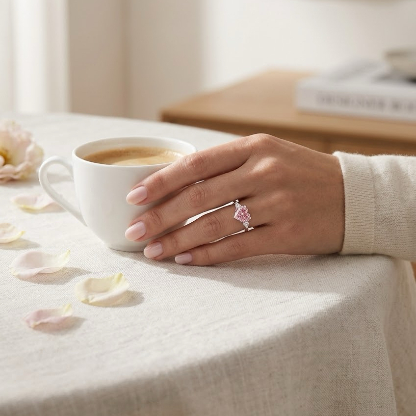 Bloom—Aura Ring | Pink Heart Diamond in Pear Three Stone