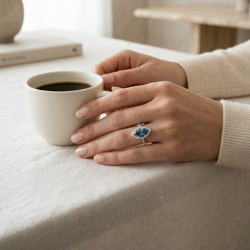Ascend—Aura Ring | Blue Marquise Diamond in Halo