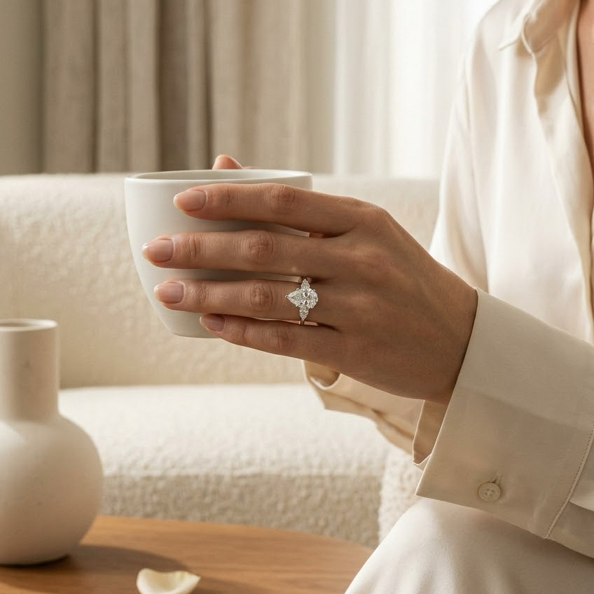 Bloom—Still Light Ring | Pear Diamond in Pear Three Stone