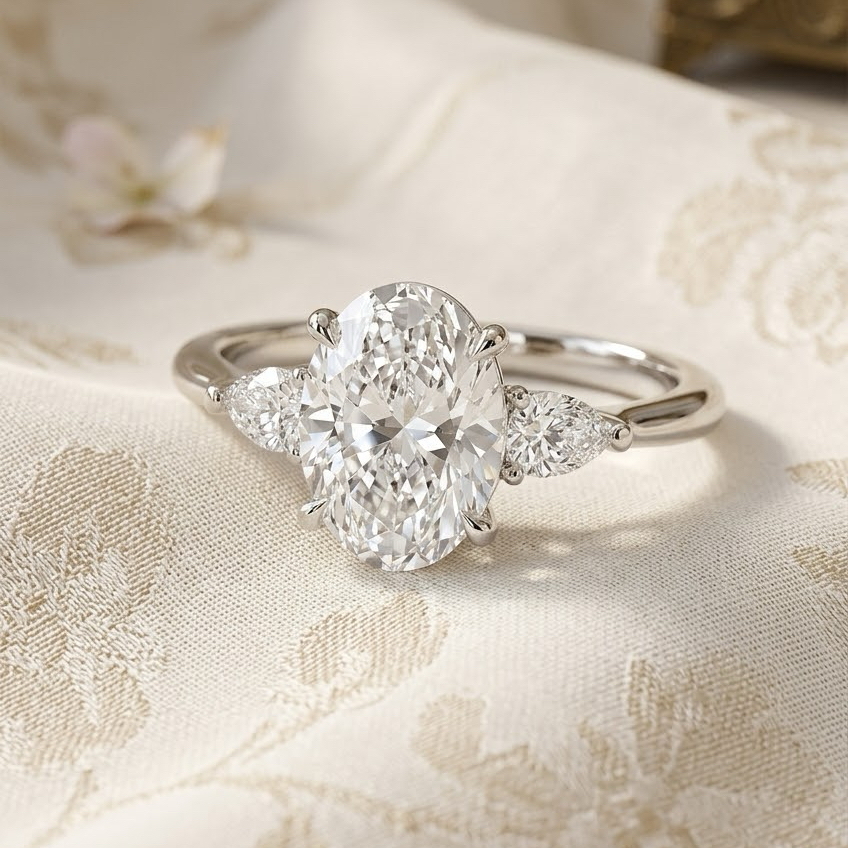 Bloom—Still Light Ring | Oval Diamond in Pear Three Stone