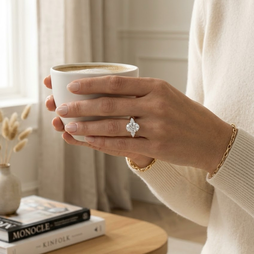 Bloom—Still Light Ring | Oval Diamond in Pear Three Stone
