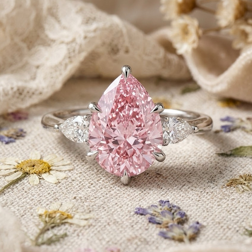 Bloom—Aura Ring | Pink Pear Diamond in Pear Three Stone