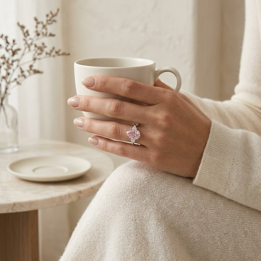 Bloom—Aura Ring | Pink Pear Diamond in Pear Three Stone