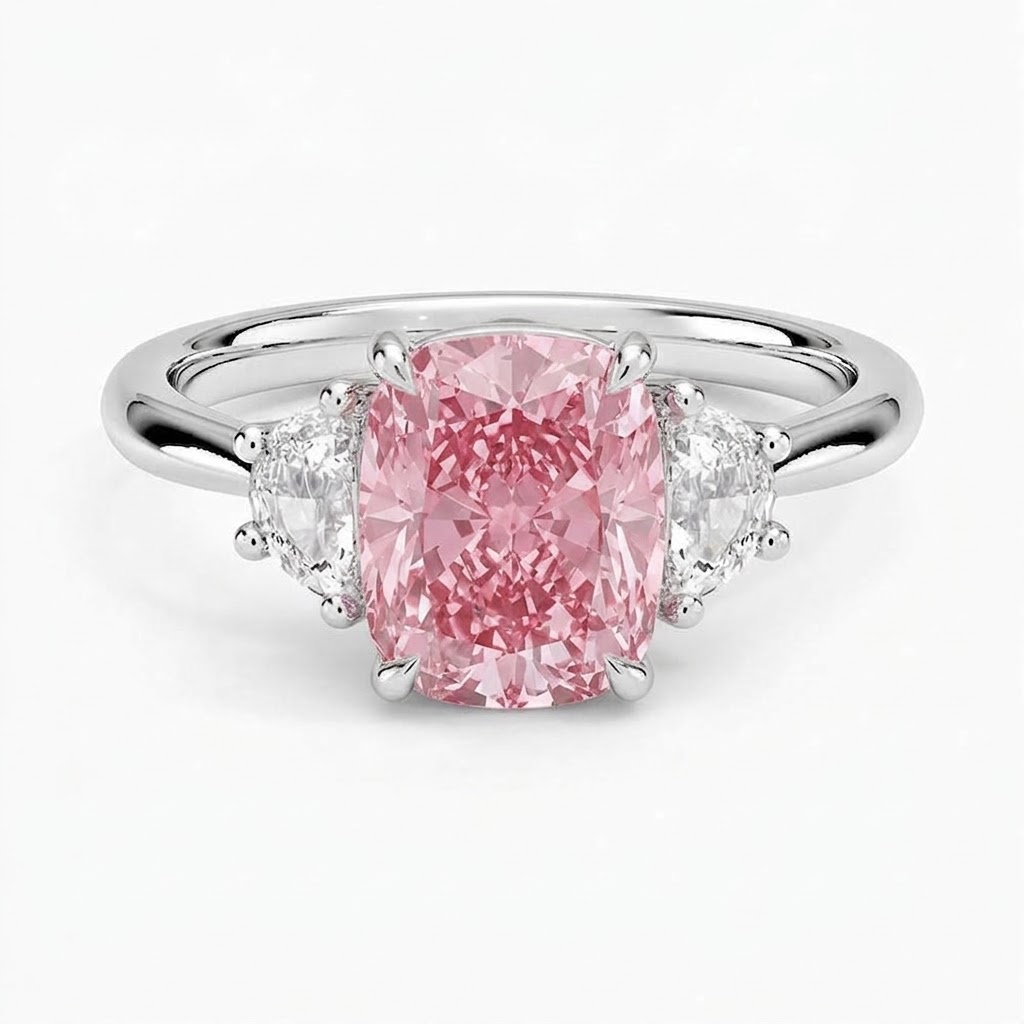 Ascend—Aura Ring | Pink  Enlonged Cushion Diamond in Half Moon Three Stone