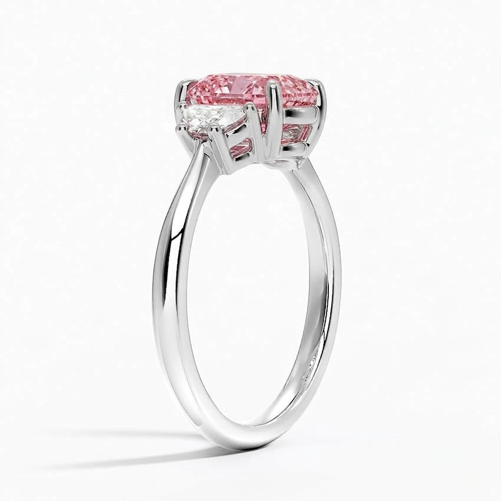 Ascend—Aura Ring | Pink  Enlonged Cushion Diamond in Half Moon Three Stone