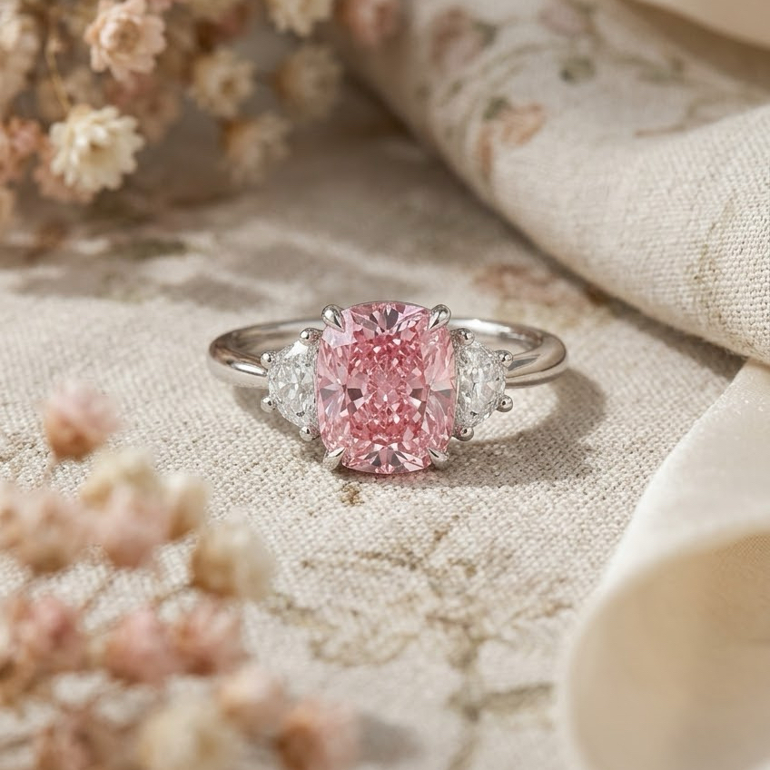 Ascend—Aura Ring | Pink  Enlonged Cushion Diamond in Half Moon Three Stone
