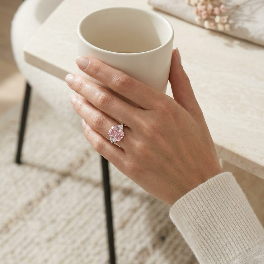 Ascend—Aura Ring | Pink  Enlonged Cushion Diamond in Half Moon Three Stone