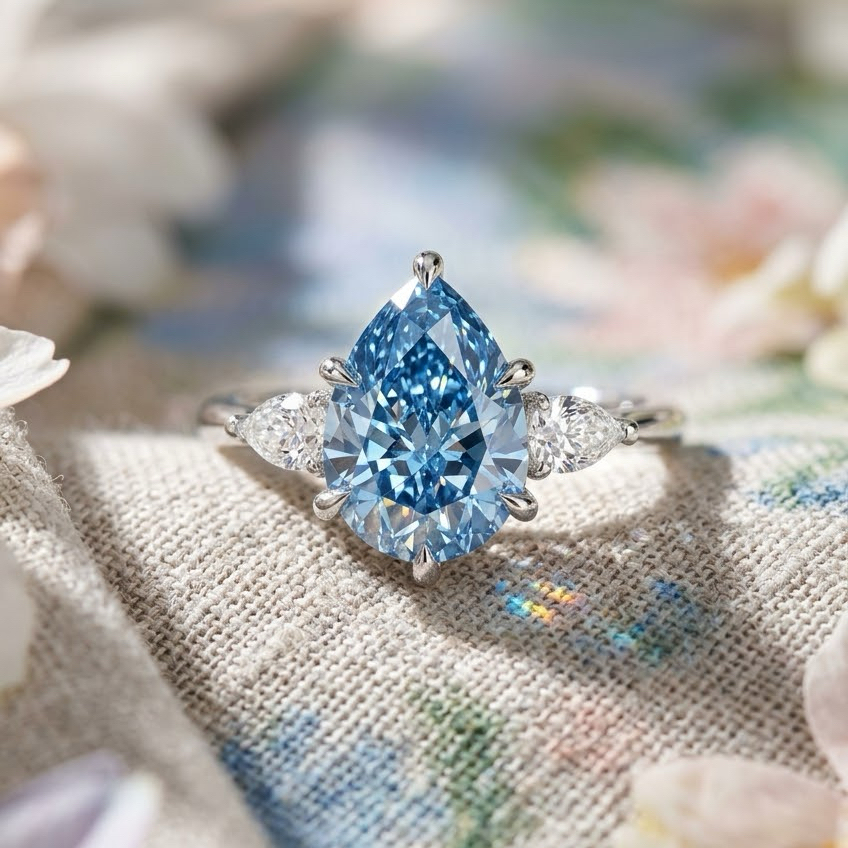 Bloom—Aura Ring | Blue Pear Diamond in Pear Three Stone