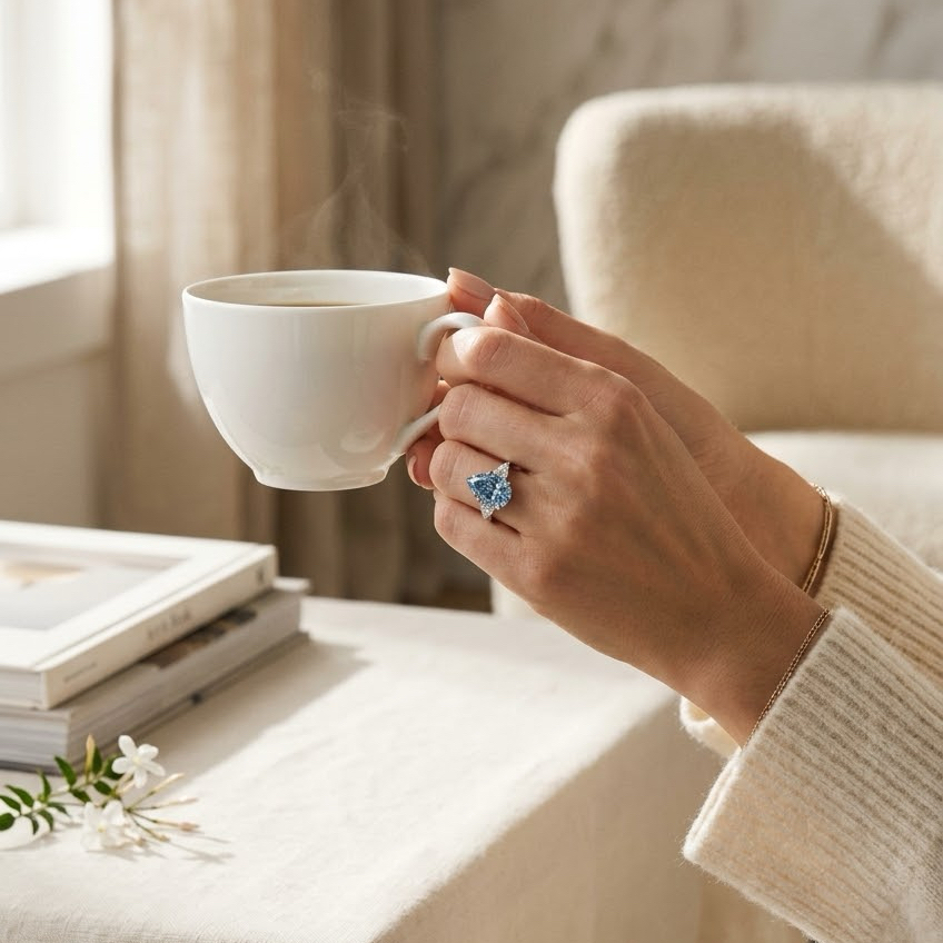 Bloom—Aura Ring | Blue Pear Diamond in Pear Three Stone