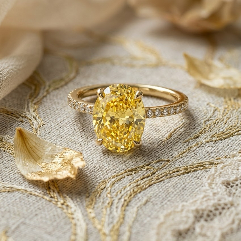 Bloom—Aura Ring | Yellow Oval Cut Pave Diamond Ring with Hidden Halo