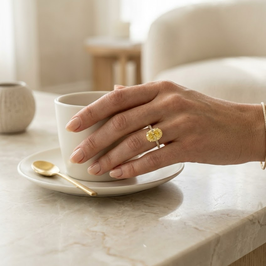Bloom—Aura Ring | Yellow Oval Cut Pave Diamond Ring with Hidden Halo