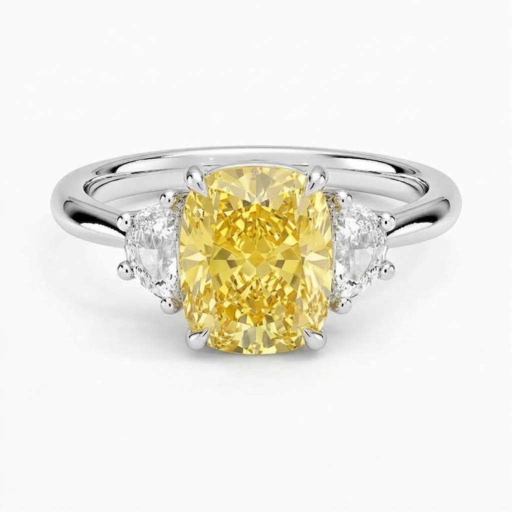 Ascend—Aura Ring | Yellow Enlonged Cushion Diamond in Half Moon Three Stone