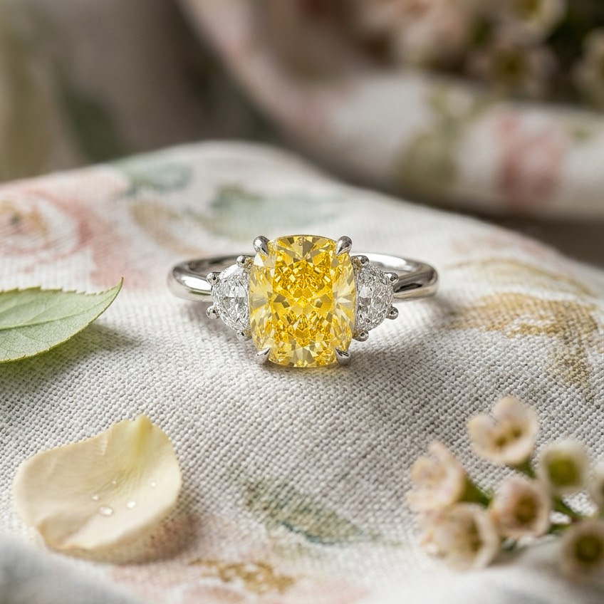 Ascend—Aura Ring | Yellow Enlonged Cushion Diamond in Half Moon Three Stone