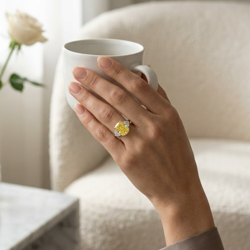 Ascend—Aura Ring | Yellow Enlonged Cushion Diamond in Half Moon Three Stone