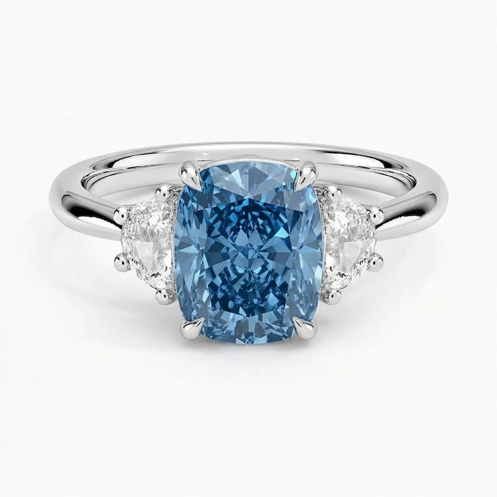Ascend—Aura Ring | Blue Enlonged Cushion Diamond in Half Moon Three Stone