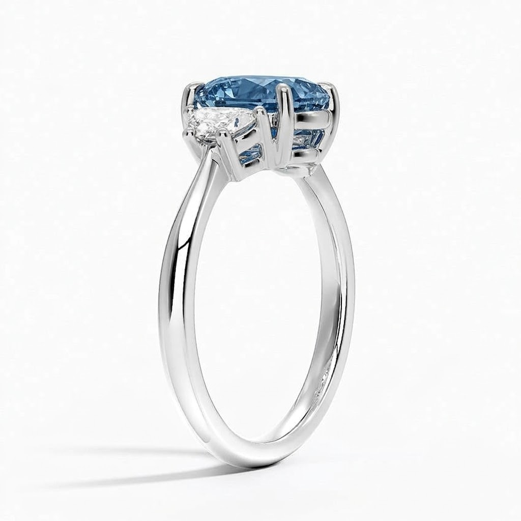 Ascend—Aura Ring | Blue Enlonged Cushion Diamond in Half Moon Three Stone