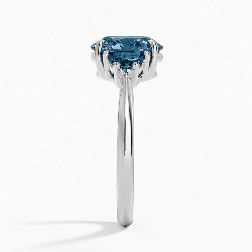 Ascend—Aura Ring | Blue Enlonged Cushion Diamond in Half Moon Three Stone