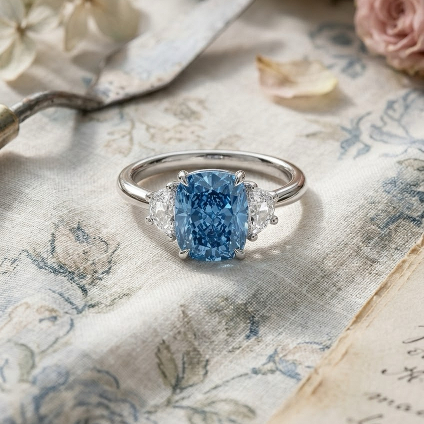 Ascend—Aura Ring | Blue Enlonged Cushion Diamond in Half Moon Three Stone