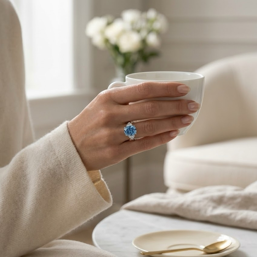 Ascend—Aura Ring | Blue Enlonged Cushion Diamond in Half Moon Three Stone