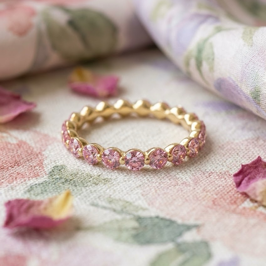 Milestone Band—Aura Ring | Pink Round Diamond Eternity Prong Band