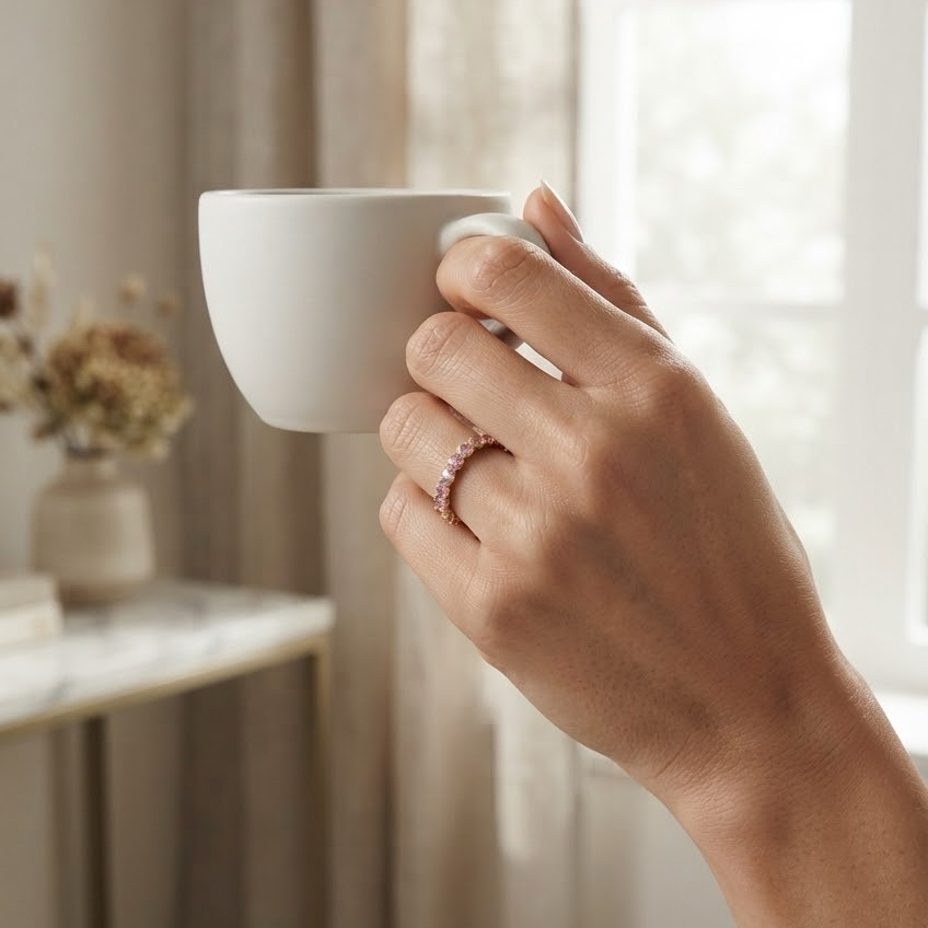 Milestone Band—Aura Ring | Pink Round Diamond Eternity Prong Band