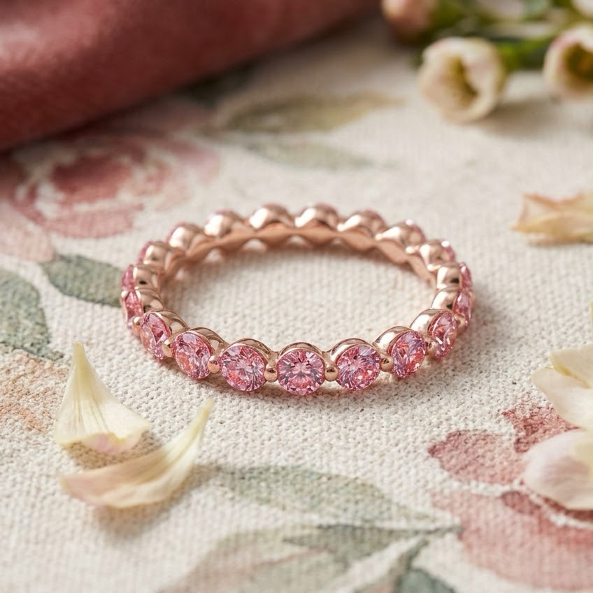 Milestone Band—Aura Ring | Pink Round Diamond Eternity Prong Band