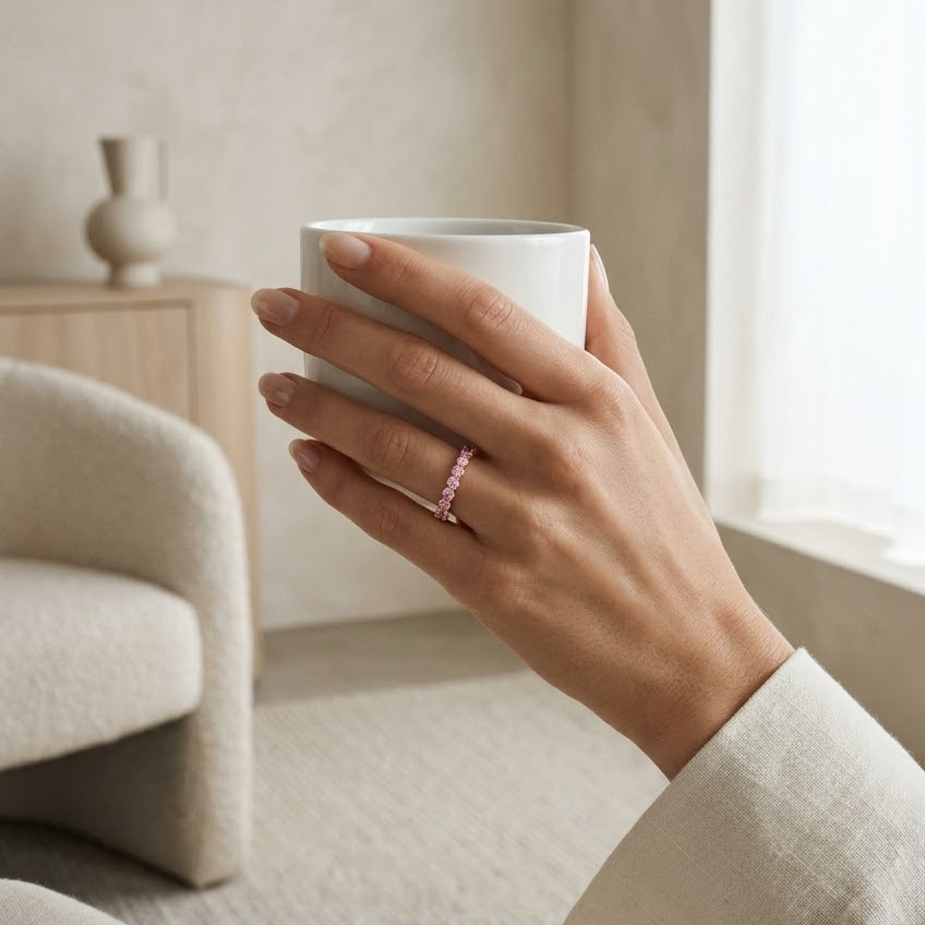 Milestone Band—Aura Ring | Pink Round Diamond Eternity Prong Band