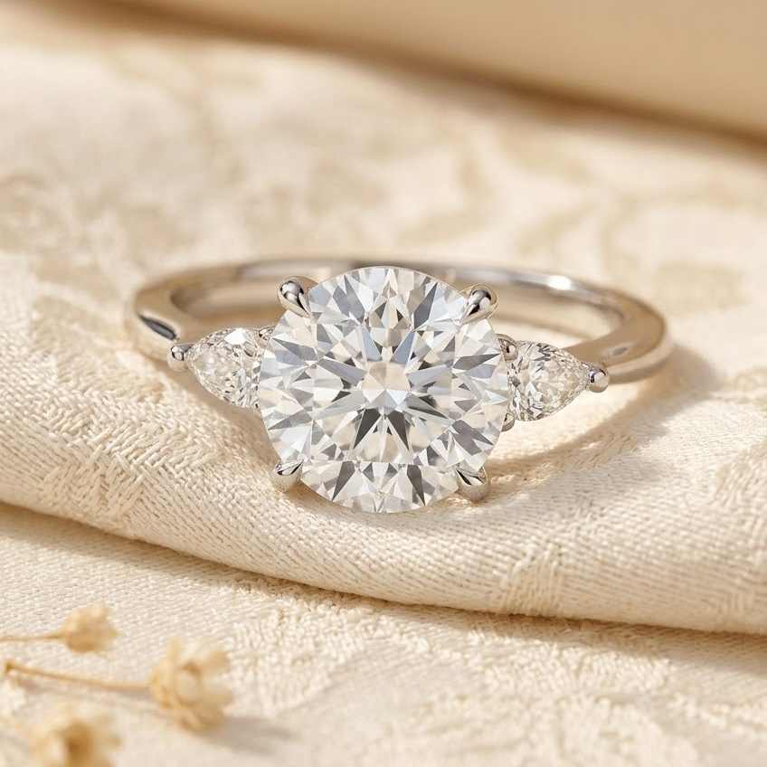 Bloom—Still Light Ring | Round Diamond in Pear Three Stone