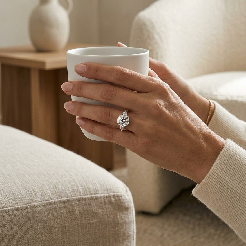 Bloom—Still Light Ring | Round Diamond in Pear Three Stone