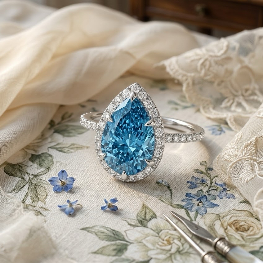 Bloom—Aura Ring | Blue Pear Diamond in Halo