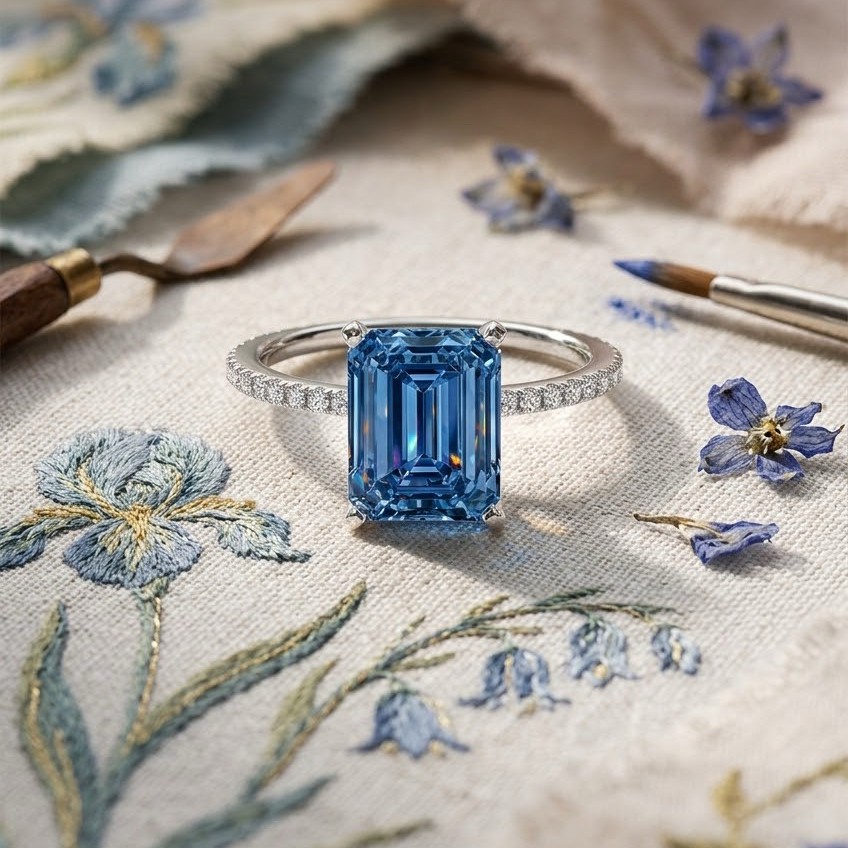 Ascend—Aura Ring | Blue Emerald Cut Pave Diamond Ring
