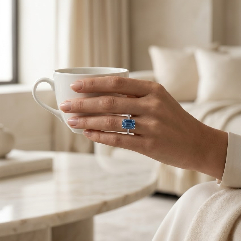Ascend—Aura Ring | Blue Emerald Cut Pave Diamond Ring