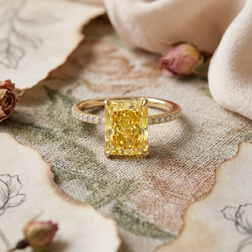 Radiate—Aura Ring | Yellow Radiant Cut Pave Diamond Ring with Hidden Halo