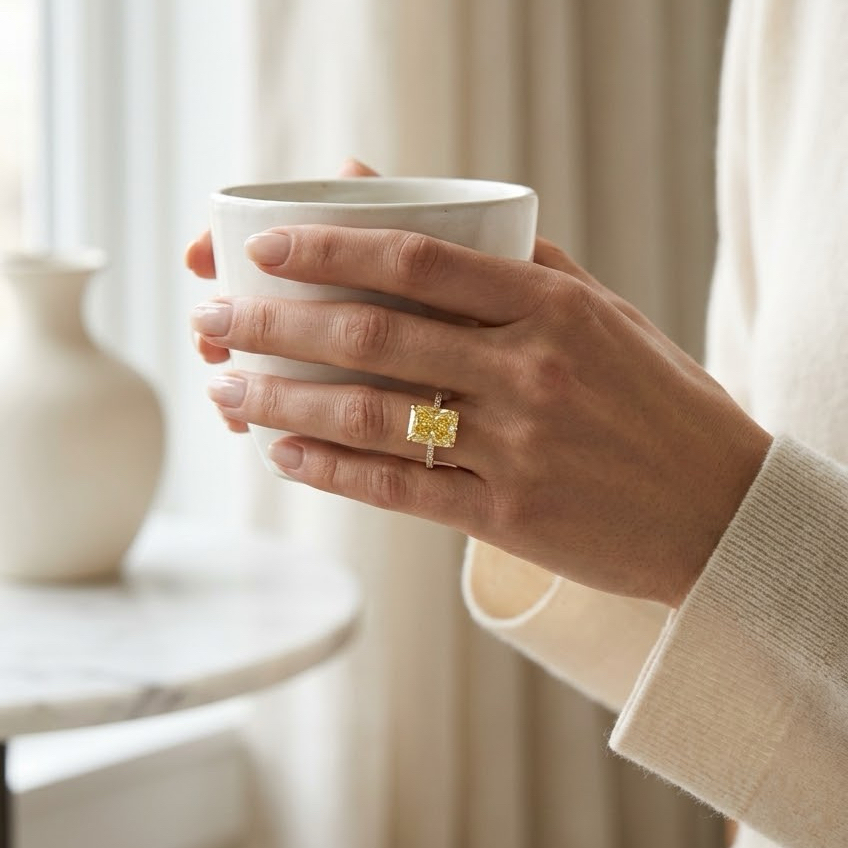 Radiate—Aura Ring | Yellow Radiant Cut Pave Diamond Ring with Hidden Halo