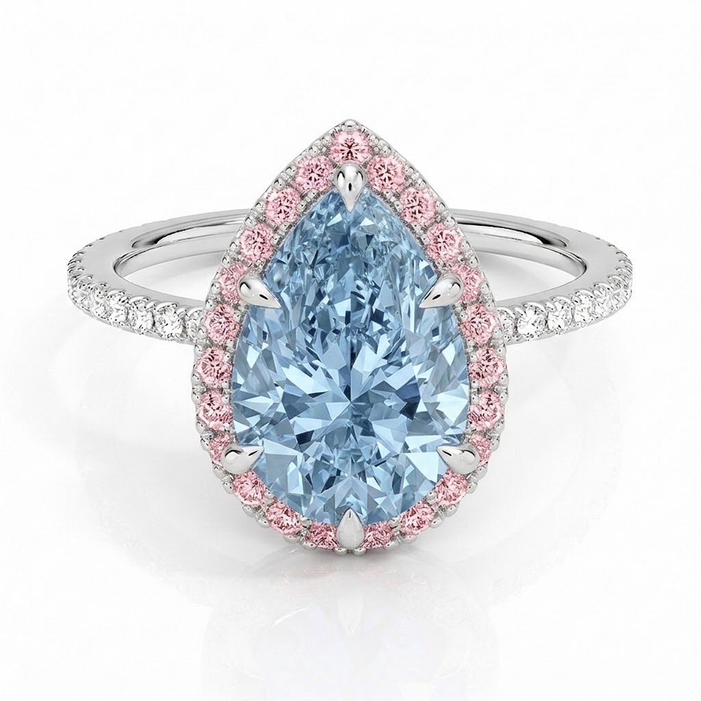 Bloom—Aura Ring | Blue Pear Diamond in Pink Halo