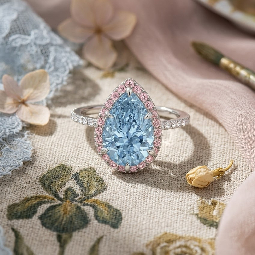 Bloom—Aura Ring | Blue Pear Diamond in Pink Halo