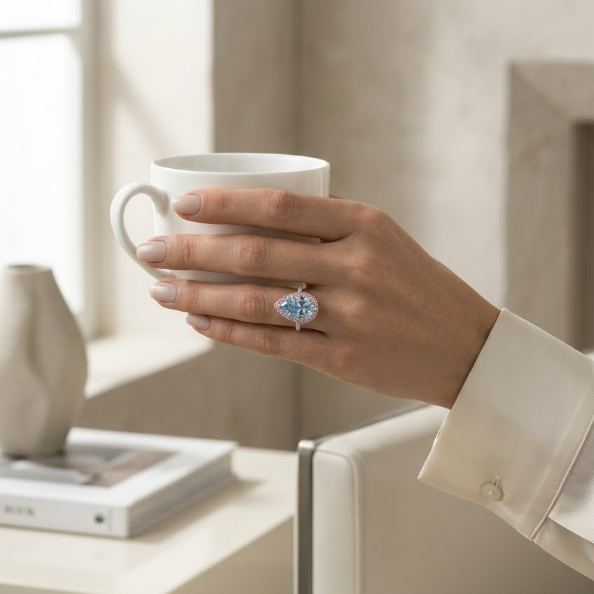 Bloom—Aura Ring | Blue Pear Diamond in Pink Halo