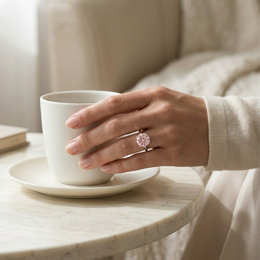 Bloom—Aura Ring | Pink Solitaire Round Diamond with Hidden Halo