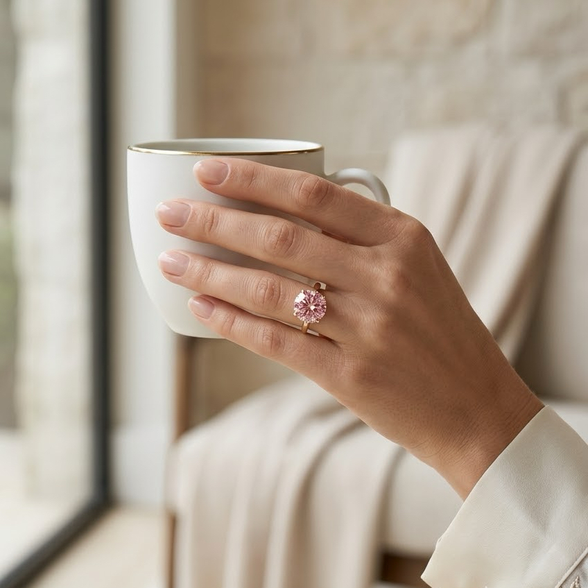 Bloom—Aura Ring | Pink Solitaire Round Diamond with Hidden Halo