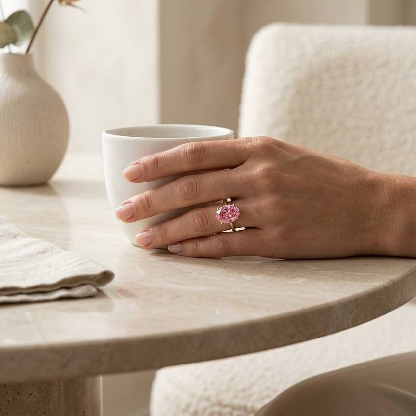 Bloom—Aura Ring | Pink Solitaire Oval Diamond with Hidden Halo