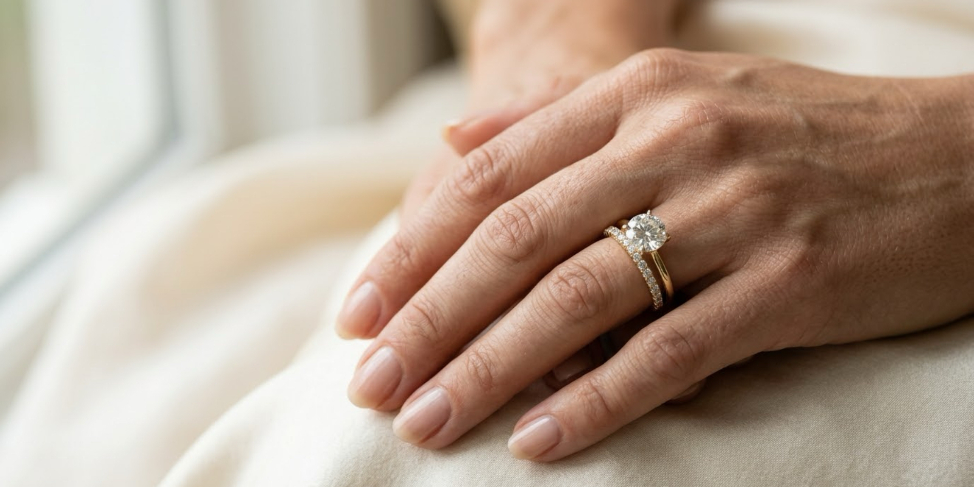 Solitaire engagement ring paired with a delicate pavé diamond band in yellow gold