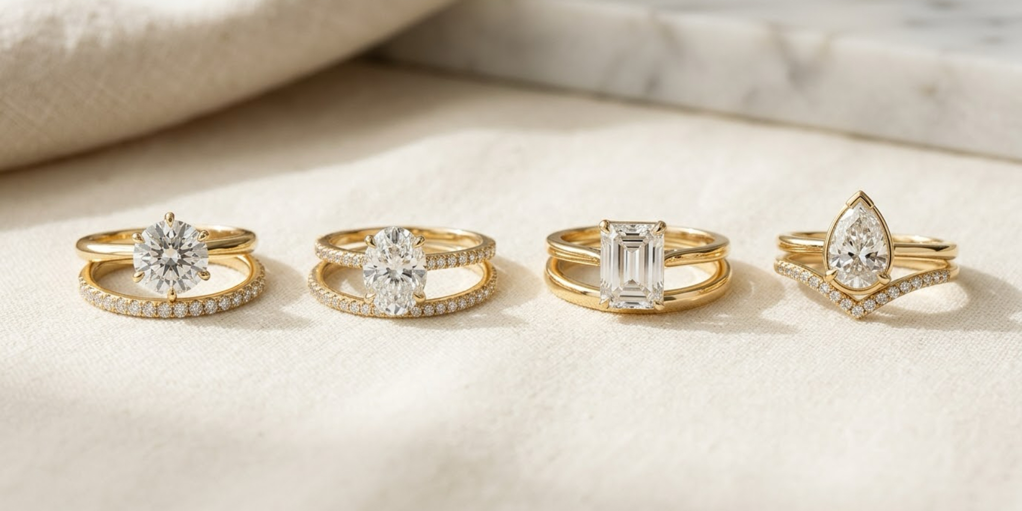 Four wedding band pairings featuring round, oval, emerald-cut and pear-shaped diamond engagement rings.