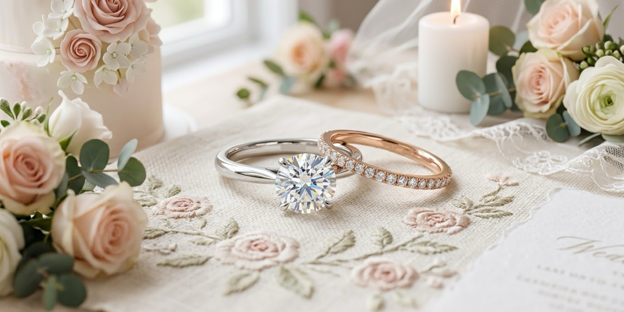White gold diamond solitaire engagement ring paired with polished rose gold diamond pave eternity wedding band.