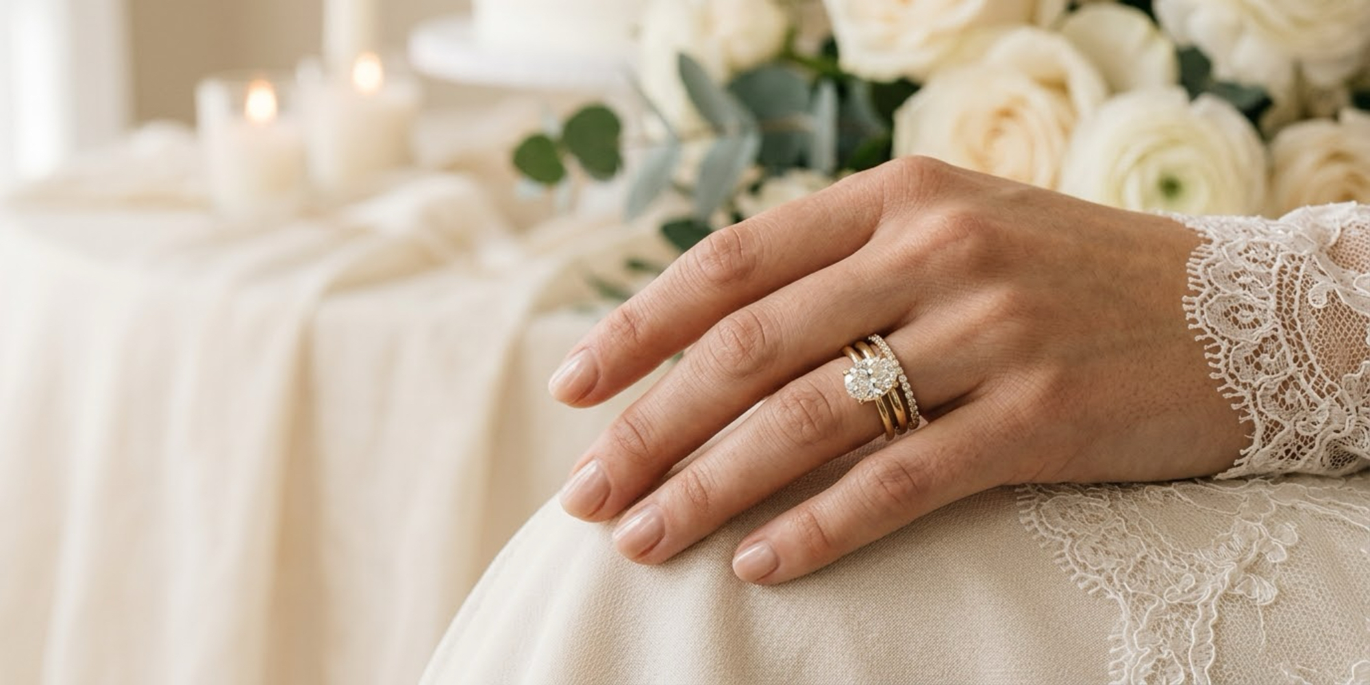 Diamond engagement ring styled with a polished gold band and delicate diamond eternity band in a balanced three-ring stack.