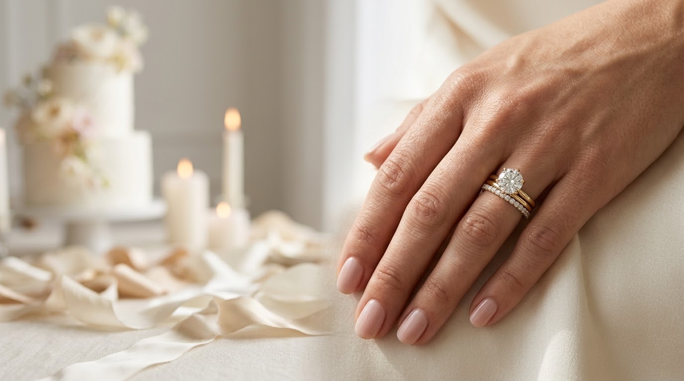 Diamond solitaire engagement ring styled with a gold band and a delicate diamond eternity band