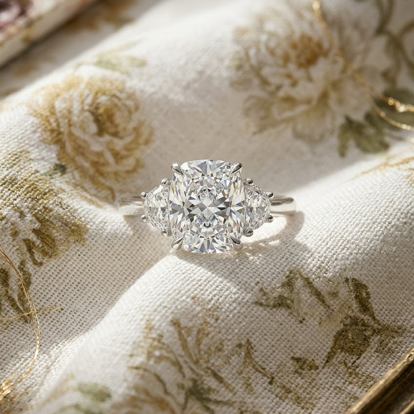 Ascend—Still Light Ring | Enlonged Cushion Diamond in Half Moon Three Stone