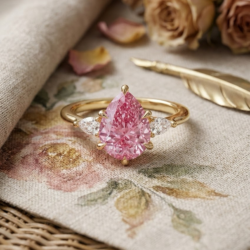 Bloom—Aura Ring | Pink Pear Diamond in Pear Three Stone
