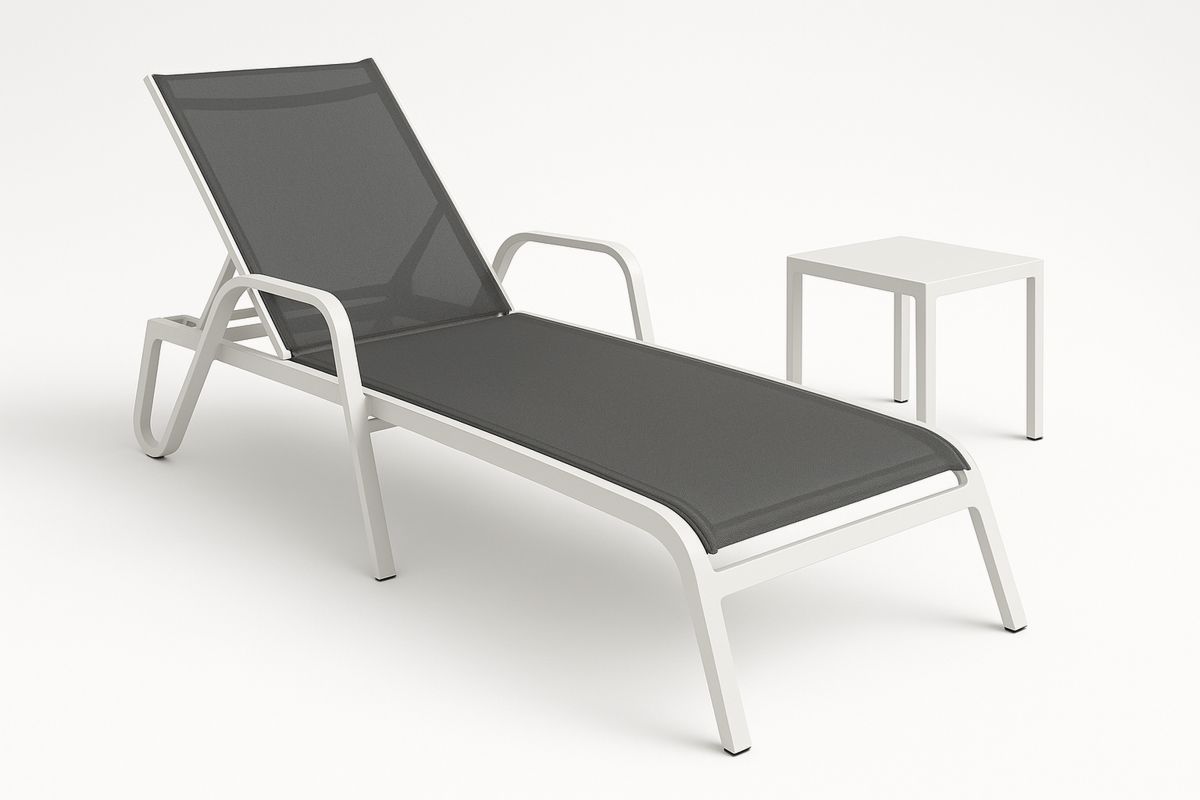 Outdoor Aluminium Sun Lounger with Charcoal Textilene Recliner and White Side Table-Venolitra