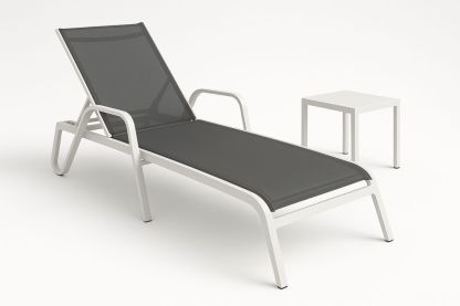 Outdoor Aluminium Sun Lounger with Charcoal Textilene Recliner and White Side Table-Venolitra